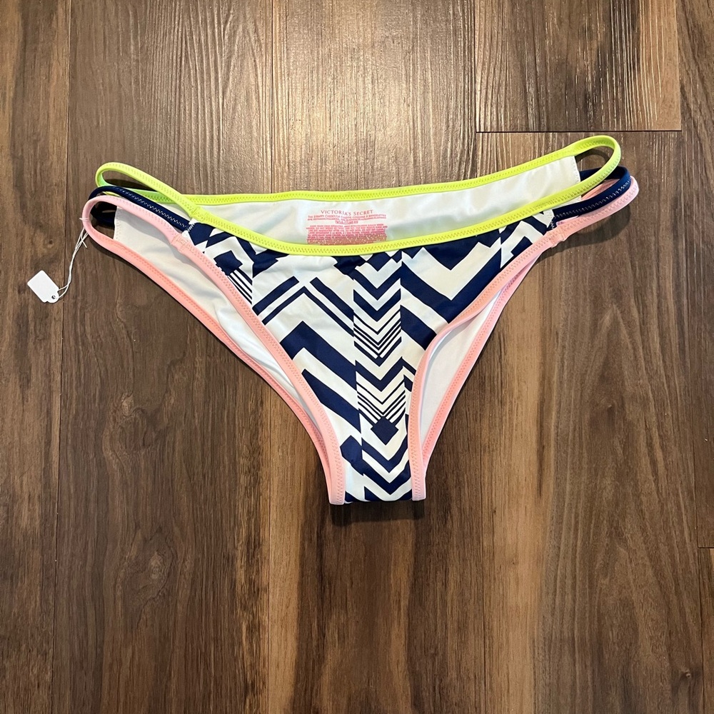 Victoria's Secret Navy Chevron Bikini Bottom with Neon Yellow & Light Pink Trim